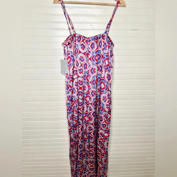 Melloday Printed Wide Leg Patterned Pocket Jumpsuit Size XL Red Blue - Picture 3 of 12